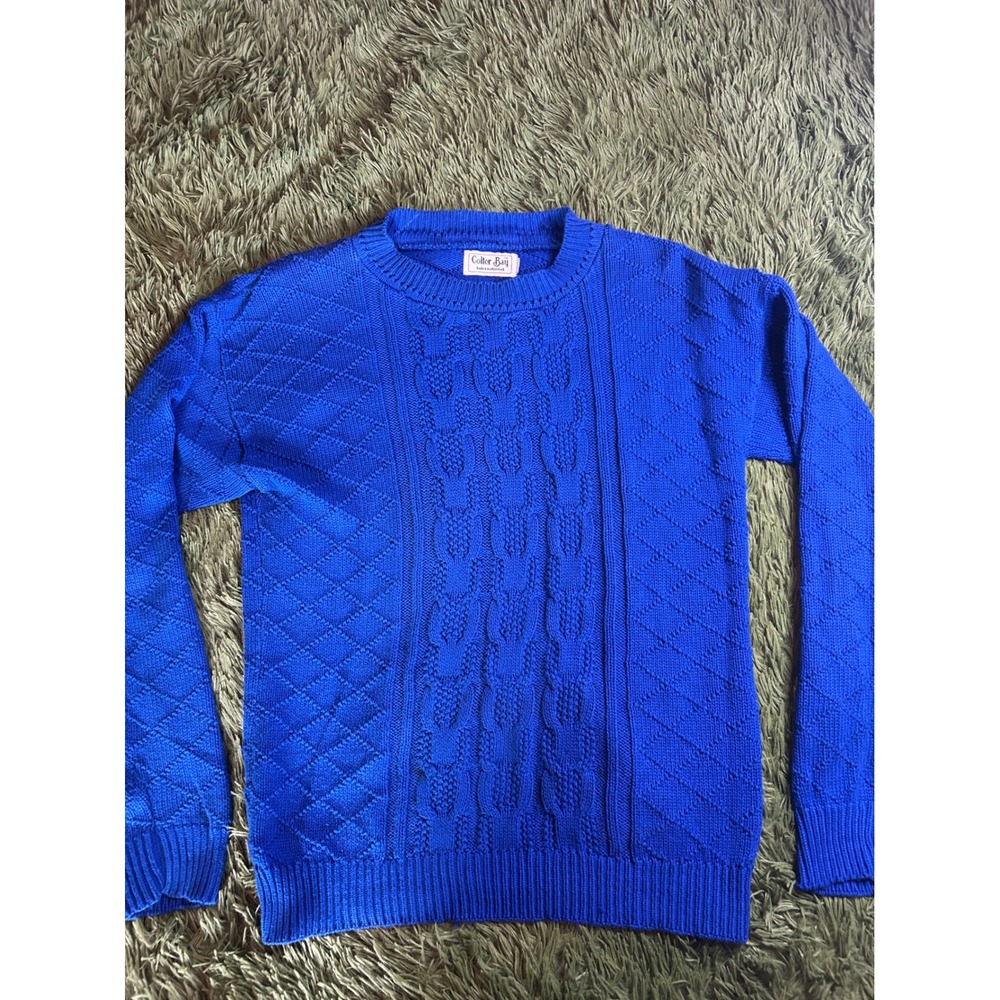 Colter Bay Sweater Men Small Blue Cable Knit Crewneck Vintage Cotton Made in USA
